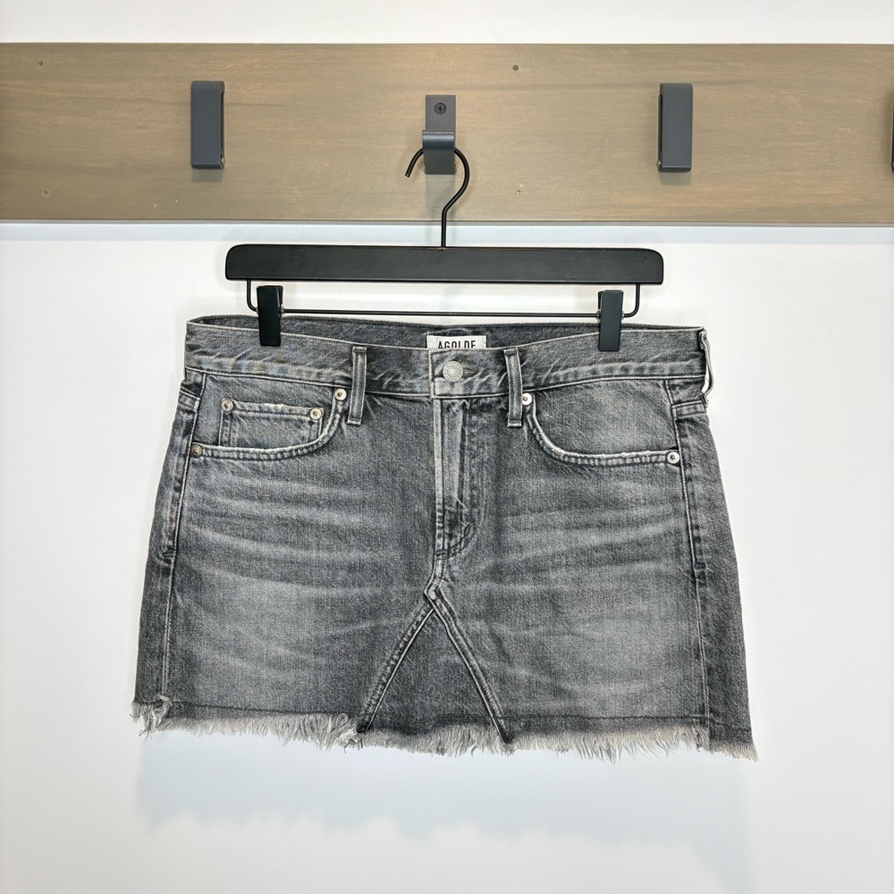 AGOLDE High Rise Black Denim Mini Skirt Raw Hem - Size 28 - Grunge Frayed Edge